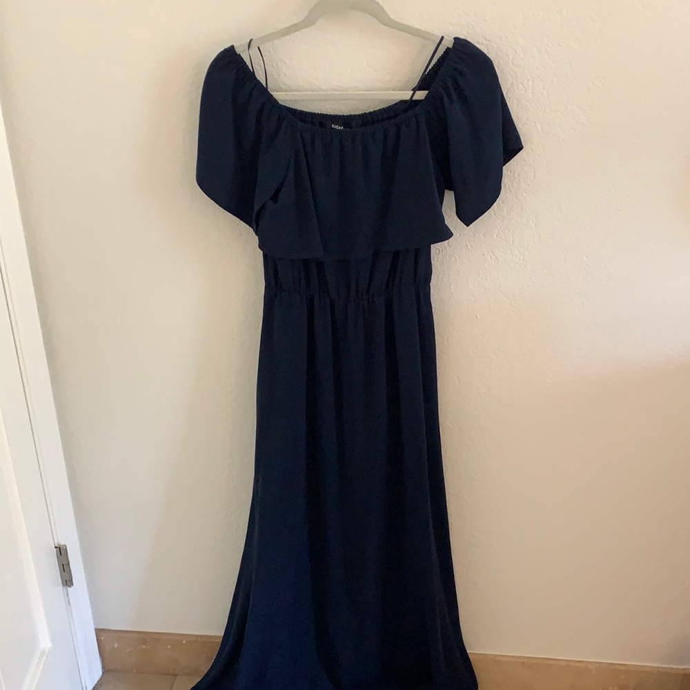 Navy off shoulder prom dress